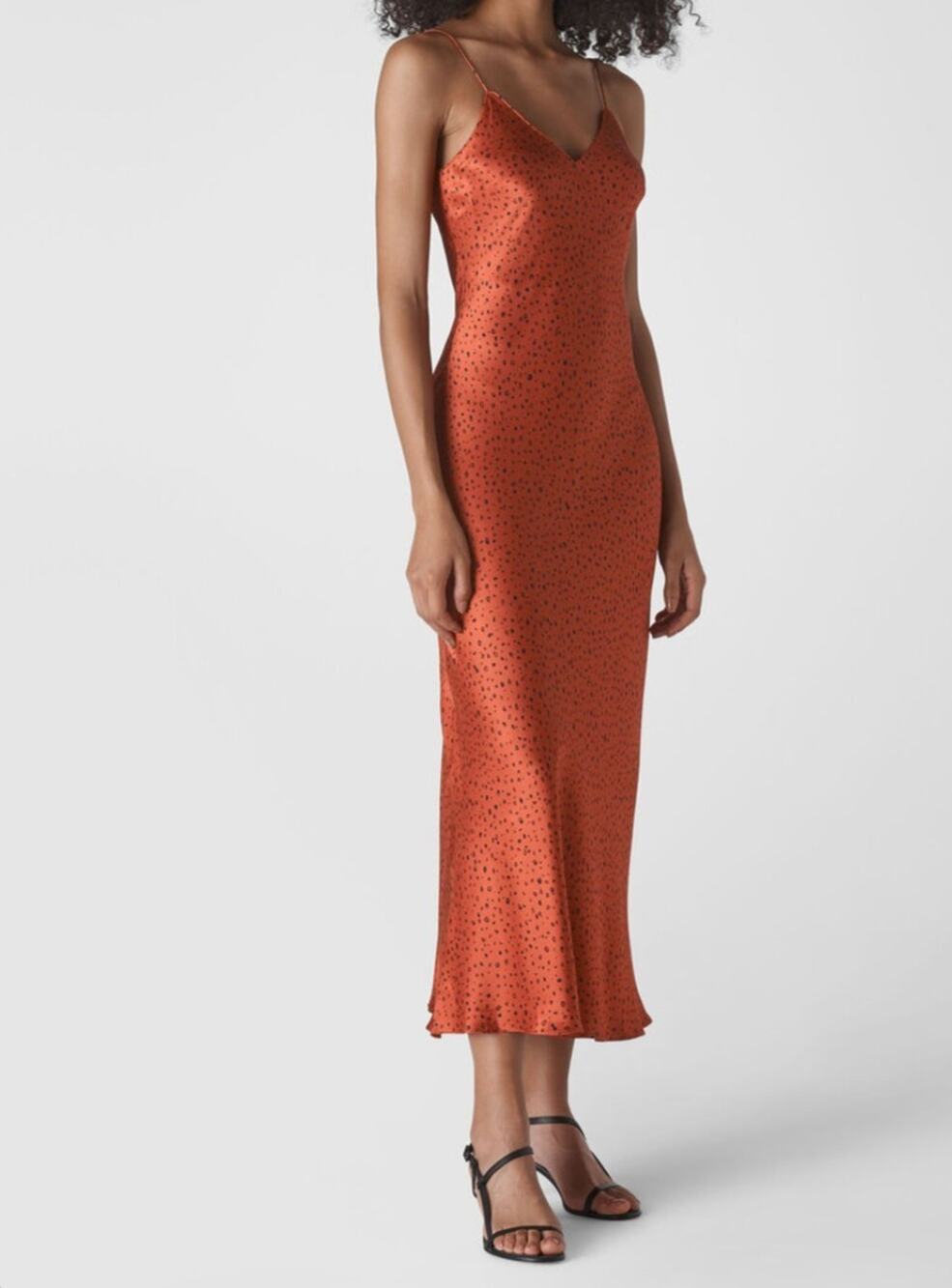 Whistles Slip Dress Rust Orange Sketched Dot V-Neck Tie Satin US 2 XS/SMALL